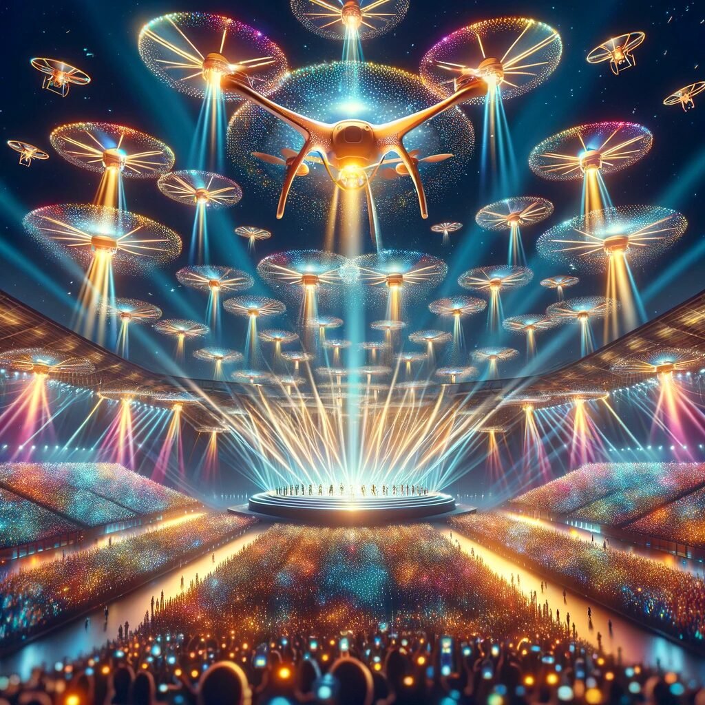 DALL·E 2024 01 27 05.31.02 A stunning featured image for a blog showing a grand drone light show with numerous drones creating a spectacular colorful display in the night sky